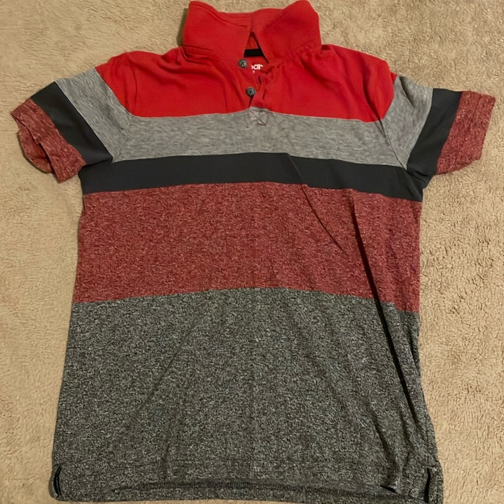Nice looking multicolor, mostly red and black cool two button T-shirt.